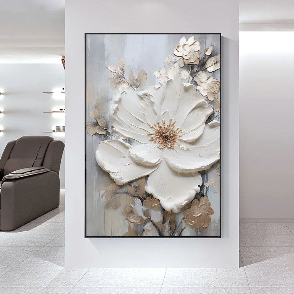 Moderne abstrakt hvite blomster veggkunst fine kunst lerret trykk lett luksuriøse botaniske bilder for stue inngangshall vegg | Skanto
