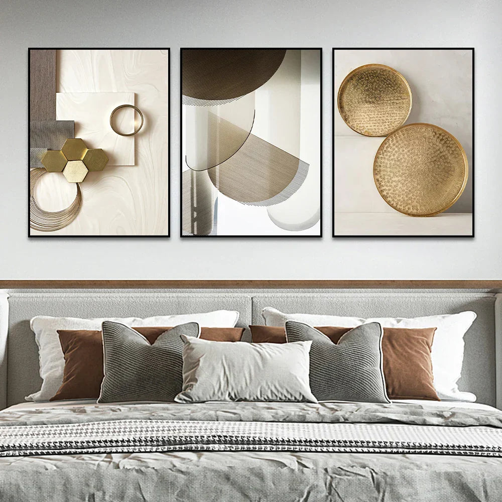 Set av 3PCS Moderne estetikk Gylden bronse Abstrakt veggkunst Fin kunst lerretsutskrifter Bilder for stue Spiserom Boutique hotell kunstdekor | Skanto