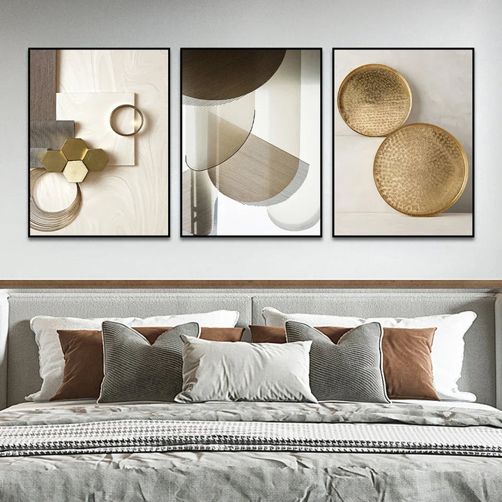 Set av 3PCS Moderne estetikk Gylden bronse Abstrakt veggkunst Fin kunst lerretsutskrifter Bilder for stue Spiserom Boutique hotell kunstdekor | Skanto