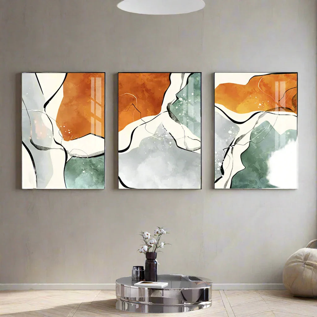 Moderne fargepaletter Nordisk abstrakt veggkunst Fin kunst lerretsutskrifter Grå Orange Grønn Flytende dynamiske bilder for stue Kontor Foyer kunst Dekor | Skanto