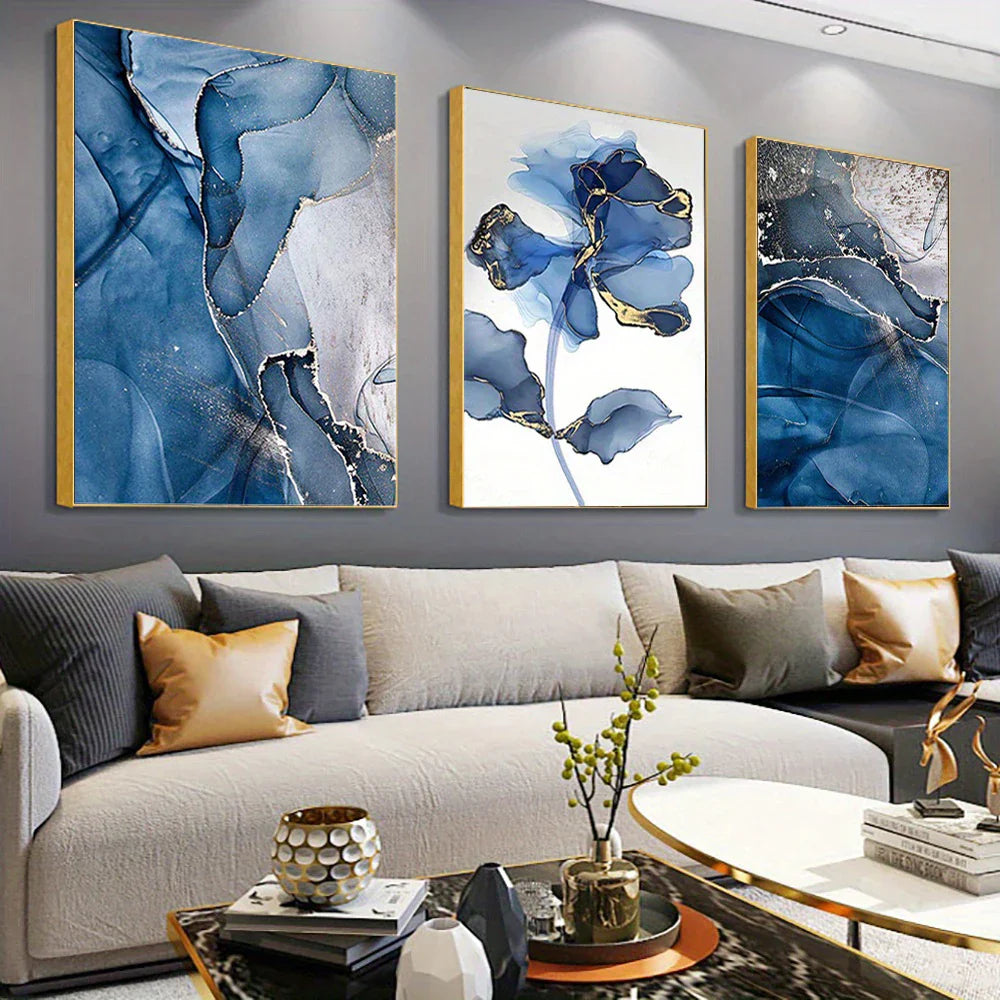 Moderne eksotiske flytende blå marmorprint blomster veggkunst fin kunst lerretsutskrifter nordisk abstrakte bilder for stue hotellrom kunstdekor | Skanto