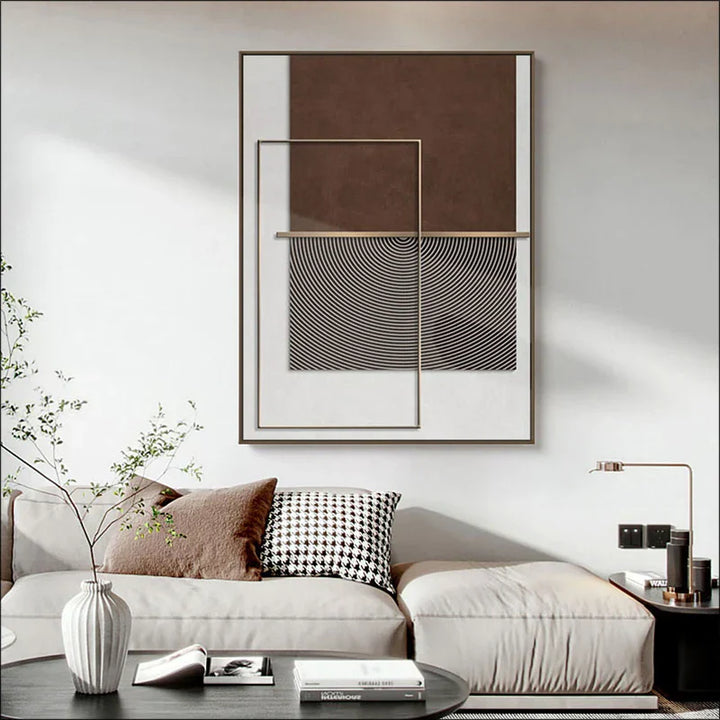 Moderne Geometriske Abstrakte Lerretstrykk - Elegant Arkitektonisk Veggkunst med Kreesformer, Vertikale Linjer og Bruntoner, Terrakotta & Beige Gullakenter | Skanto