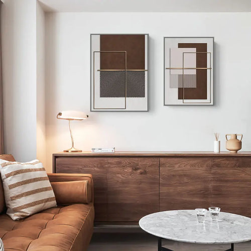 Moderne Geometriske Abstrakte Lerretstrykk - Elegant Arkitektonisk Veggkunst med Kreesformer, Vertikale Linjer og Bruntoner, Terrakotta & Beige Gullakenter | Skanto