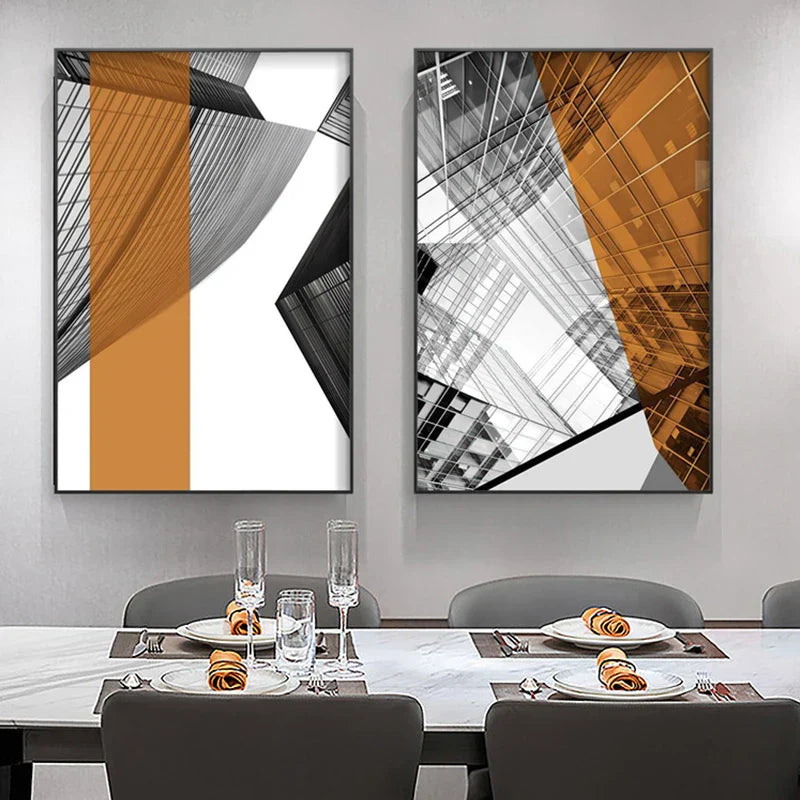 Moderne geometrisk arkitektonisk veggkunst Fine Art lerrettrykk svarte grå oransje abstrakte bilder for stue studio hjemmekontor kunstdekorasjon | Skanto