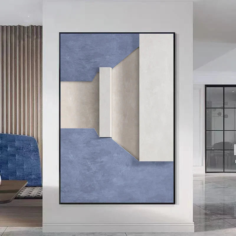 Moderne Minimalistiske Abstrakte Geometriske Lerrettrykk Veggkunst - Tredimensjonalt Design i Blå, Beige og Hvit - Samtidsveggkunst for Stue- eller Kontordekor | Skanto