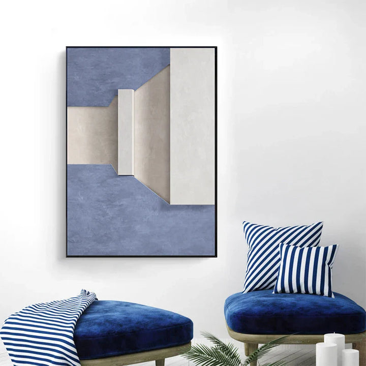 Moderne Minimalistiske Abstrakte Geometriske Lerrettrykk Veggkunst - Tredimensjonalt Design i Blå, Beige og Hvit - Samtidsveggkunst for Stue- eller Kontordekor | Skanto