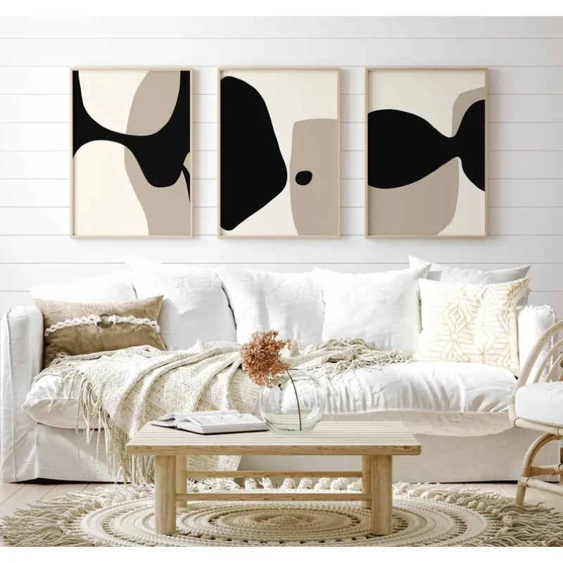 Moderne svarte beige formfulle abstrakte veggkunst fine kunst lerretsutskrifter bilder for stue soverom kunst for moderne interiører | Skanto