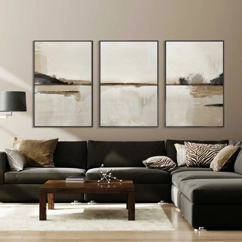 Minimalistisk abstrakt landskapsveggkunst nøytrale farger Fine Art lerrettrykk Beige/Svart bilder for stue, soverom, kunst for samtidsinteriører | Skanto