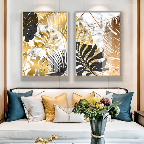 Nordic Tropical Gold Leaves Abstract Wall Art Posters Fine Art Canvas Prints Pictures For Modern Apartment Stue Dekor | Skanto