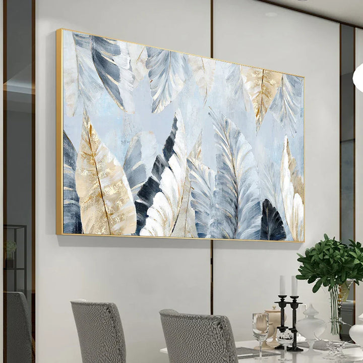 Nordic Abstract Blå Gyldne Palmblader & Fjær Veggkunst Fine Art Lerrettrykk Moderne Abstrakte Botaniske Bilder For Stue Soverom Kunst Dekor | Skanto