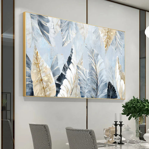 Nordic Abstract Blå Gyldne Palmblader & Fjær Veggkunst Fine Art Lerrettrykk Moderne Abstrakte Botaniske Bilder For Stue Soverom Kunst Dekor | Skanto