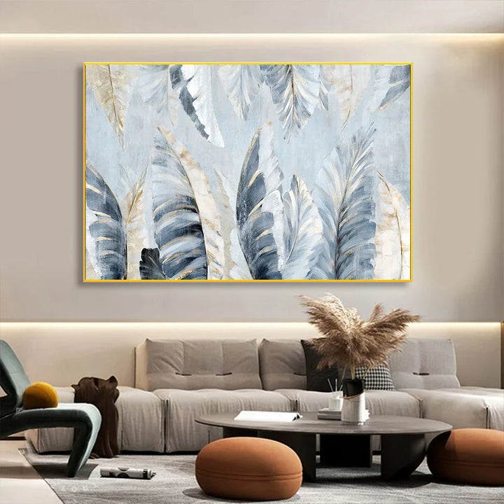 Nordic Abstract Blå Gyldne Palmblader & Fjær Veggkunst Fine Art Lerrettrykk Moderne Abstrakte Botaniske Bilder For Stue Soverom Kunst Dekor | Skanto