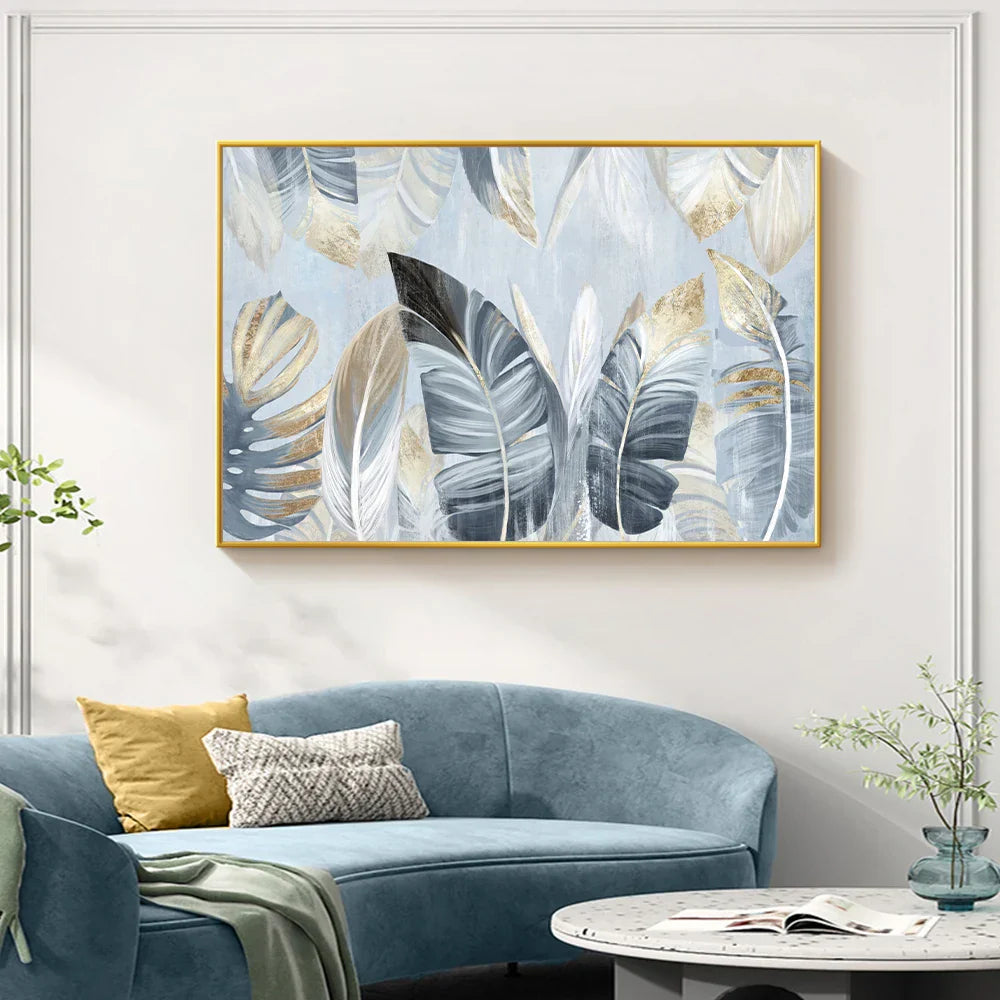 Nordic Abstract Blå Gyldne Palmblader & Fjær Veggkunst Fine Art Lerrettrykk Moderne Abstrakte Botaniske Bilder For Stue Soverom Kunst Dekor | Skanto