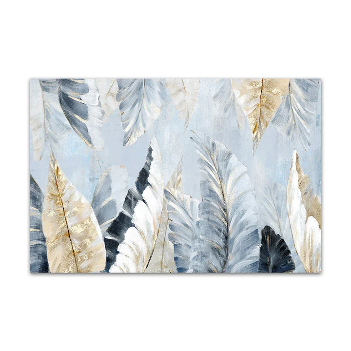 Nordic Abstract Blå Gyldne Palmblader & Fjær Veggkunst Fine Art Lerrettrykk Moderne Abstrakte Botaniske Bilder For Stue Soverom Kunst Dekor | Skanto