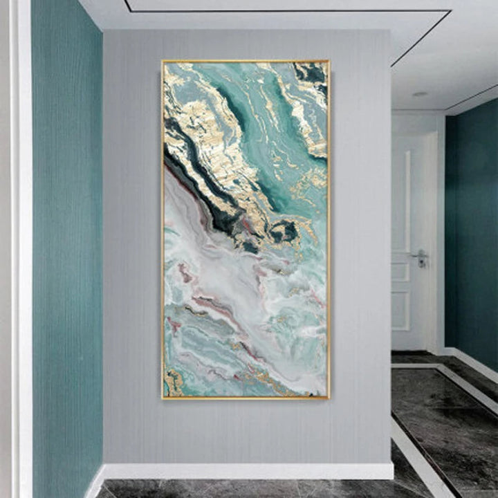 Nordic Aqua Blå Grønn Gylden Flytende Marmor Trykk Vegg Kunst Fine Art Lerret Utskrifter Bilder For Luksus Stue Foyer Hotellrom Dekor | Skanto