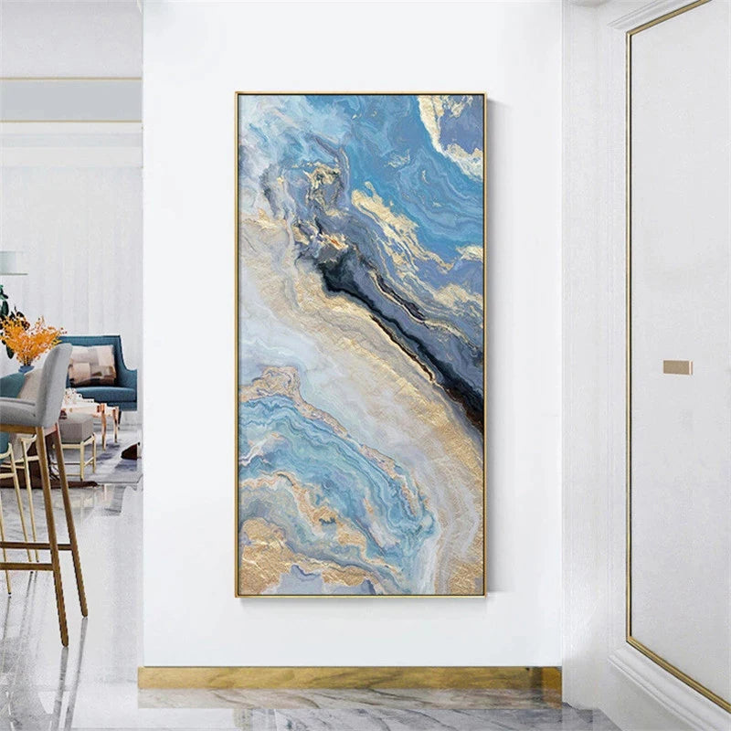 Nordic Aqua Blå Grønn Gylden Flytende Marmor Trykk Vegg Kunst Fine Art Lerret Utskrifter Bilder For Luksus Stue Foyer Hotellrom Dekor | Skanto