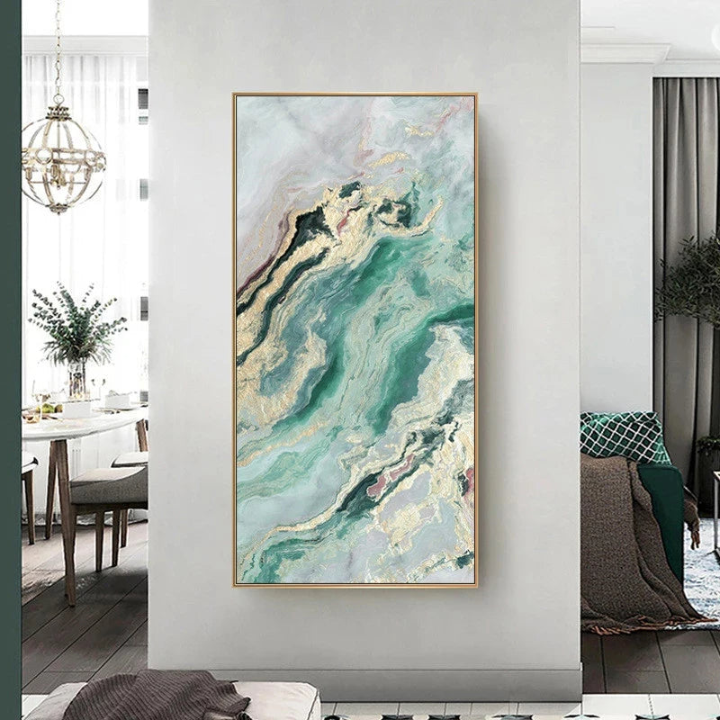 Nordic Aqua Blå Grønn Gylden Flytende Marmor Trykk Vegg Kunst Fine Art Lerret Utskrifter Bilder For Luksus Stue Foyer Hotellrom Dekor | Skanto