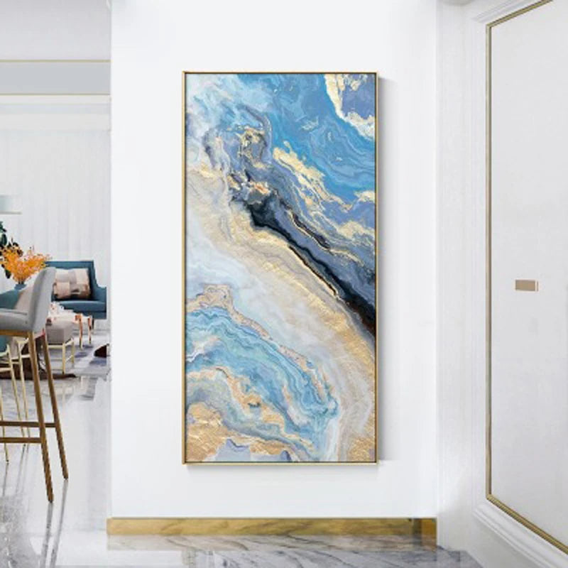 Nordic Aqua Blå Grønn Gylden Flytende Marmor Trykk Vegg Kunst Fine Art Lerret Utskrifter Bilder For Luksus Stue Foyer Hotellrom Dekor | Skanto