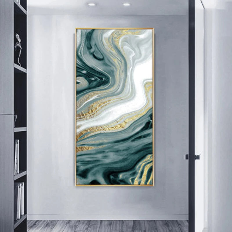 Nordic Aqua Blå Grønn Gylden Flytende Marmor Trykk Vegg Kunst Fine Art Lerret Utskrifter Bilder For Luksus Stue Foyer Hotellrom Dekor | Skanto