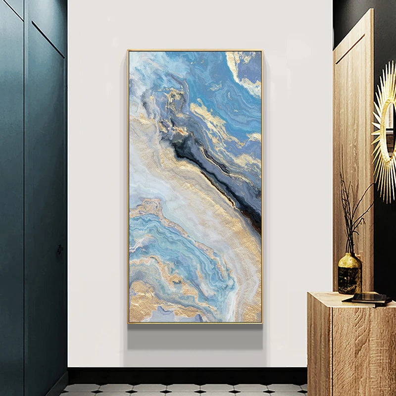 Nordic Aqua Blå Grønn Gylden Flytende Marmor Trykk Vegg Kunst Fine Art Lerret Utskrifter Bilder For Luksus Stue Foyer Hotellrom Dekor | Skanto