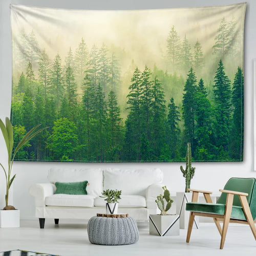 Nordic Hengeveggteppe Dekorasjon 100% Polyester Trykt Tåkeskog Landskap Veggtepper Inspirerende Bilder av Ro for Stue Dekor | Skanto