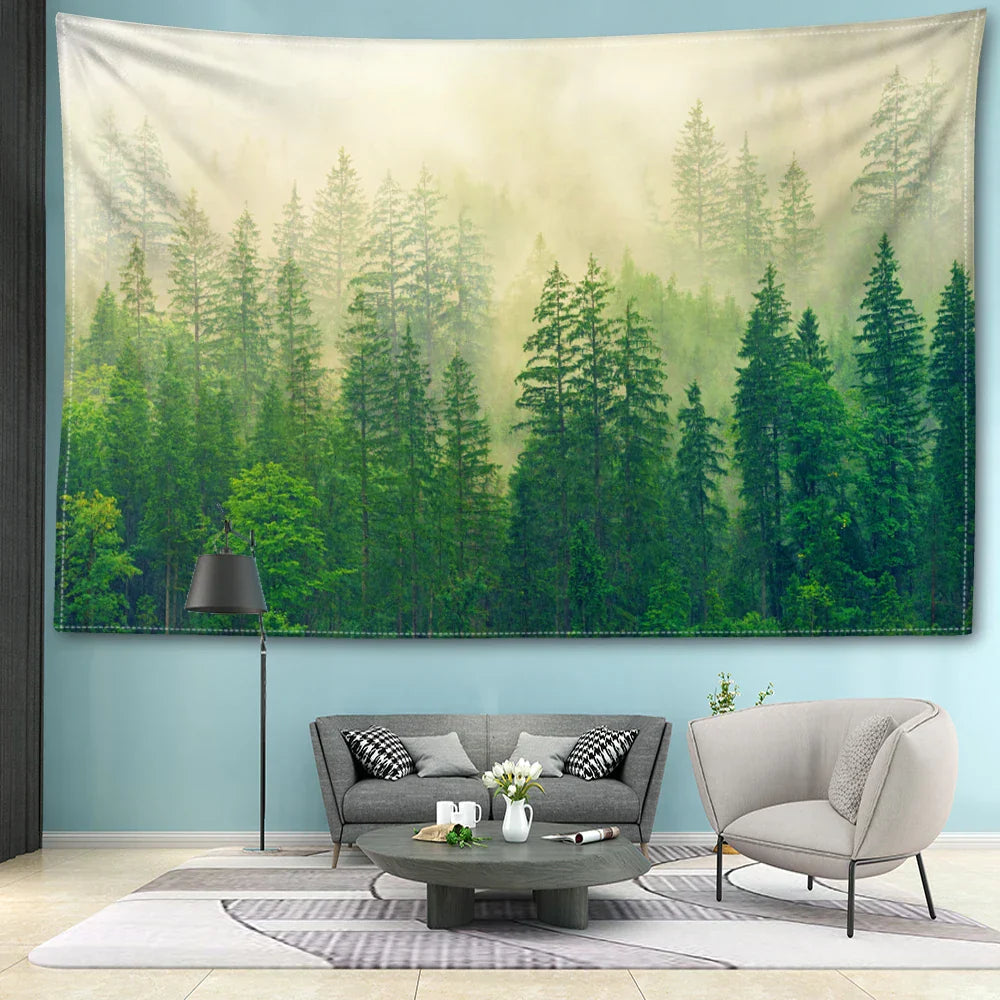 Nordic Hengeveggteppe Dekorasjon 100% Polyester Trykt Tåkeskog Landskap Veggtepper Inspirerende Bilder av Ro for Stue Dekor | Skanto