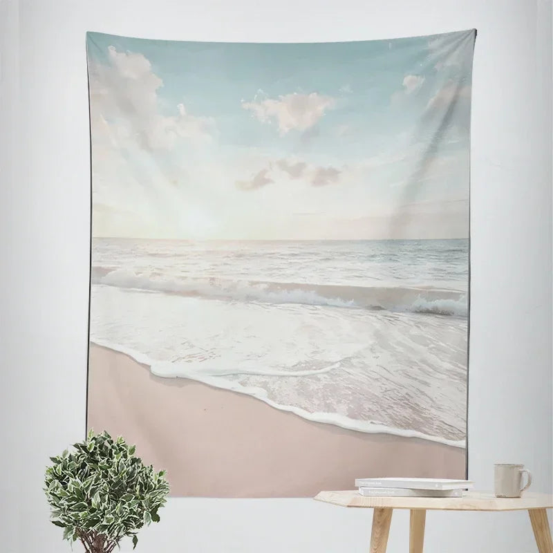 Nordic Hengende Veggteppe Dekorasjon 100% Polyester Trykte Havlandskap Sol Hav & Sandstrand Blå Himmel Veggtepper Bilder av Ro for stuen | Skanto