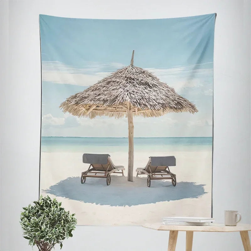 Nordic Hengende Veggteppe Dekorasjon 100% Polyester Trykte Havlandskap Sol Hav & Sandstrand Blå Himmel Veggtepper Bilder av Ro for stuen | Skanto