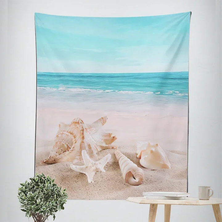 Nordic Hengende Veggteppe Dekorasjon 100% Polyester Trykte Havlandskap Sol Hav & Sandstrand Blå Himmel Veggtepper Bilder av Ro for stuen | Skanto