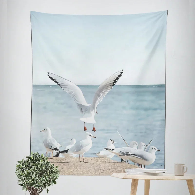 Nordic Hengende Veggteppe Dekorasjon 100% Polyester Trykte Havlandskap Sol Hav & Sandstrand Blå Himmel Veggtepper Bilder av Ro for stuen | Skanto