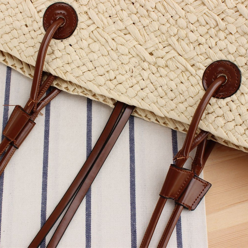 Handmade beach bag with brown leather handles Skanto