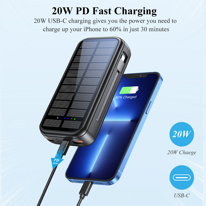 Solar Powerbank med Integrert Hurtigladingsfunksjon og Usb-C-kabel Skanto