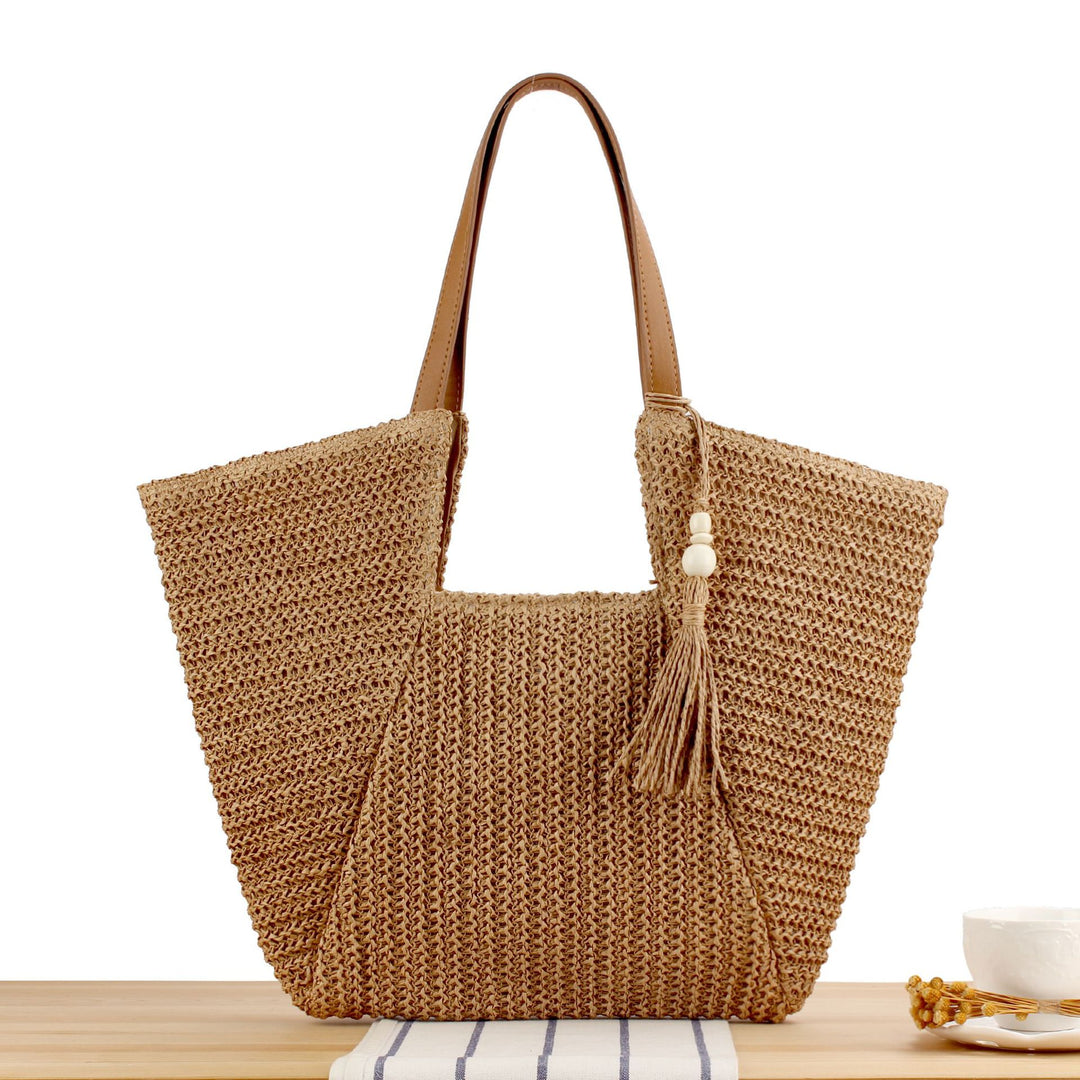 Woven Natural Straw Tote Bag with Leather Accents Skanto