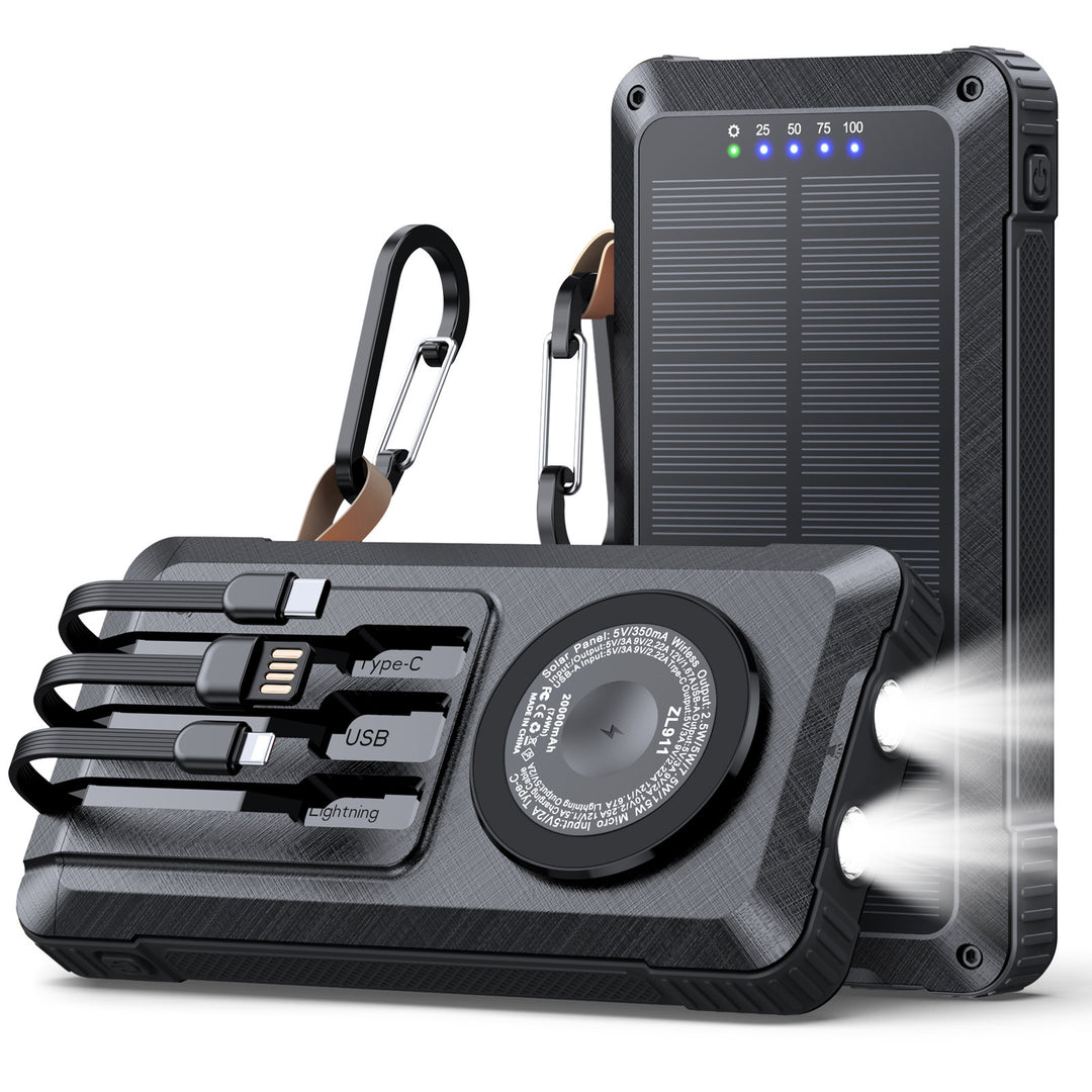 Solar Powerbank med multifunksjonelt LED-lys og integrert ladekabel Skanto