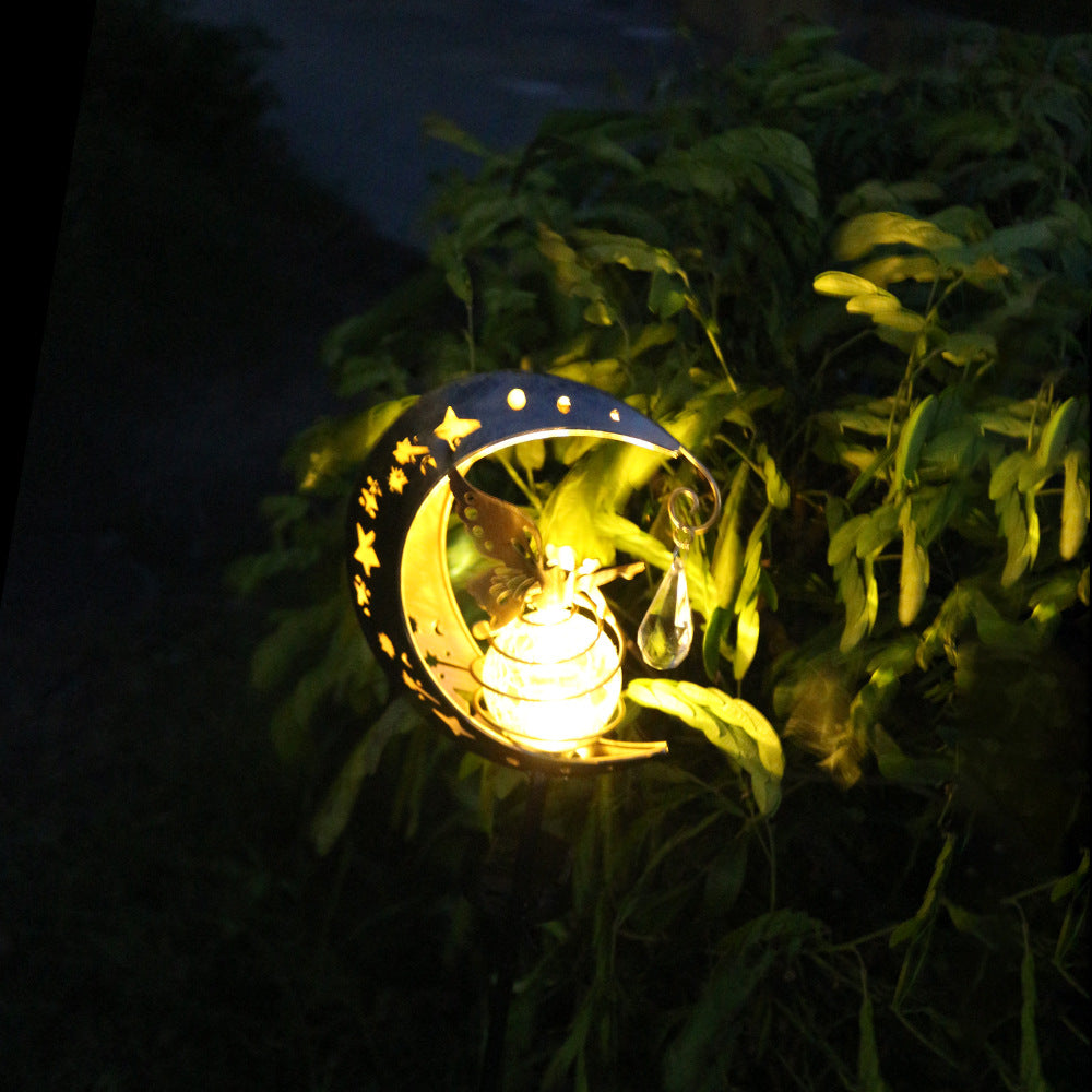 Dekorativ halvmåne solhage stake lampe med hengende krystallorb og sommerfugl Skanto