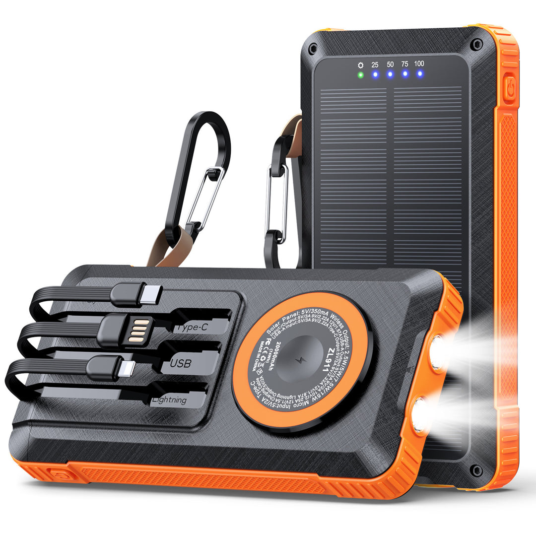 Solar Powerbank med multifunksjonelt LED-lys og integrert ladekabel Skanto