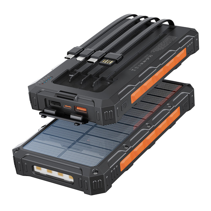 Solar-Powerbank med integrerte ladekabler og robust hus Skanto