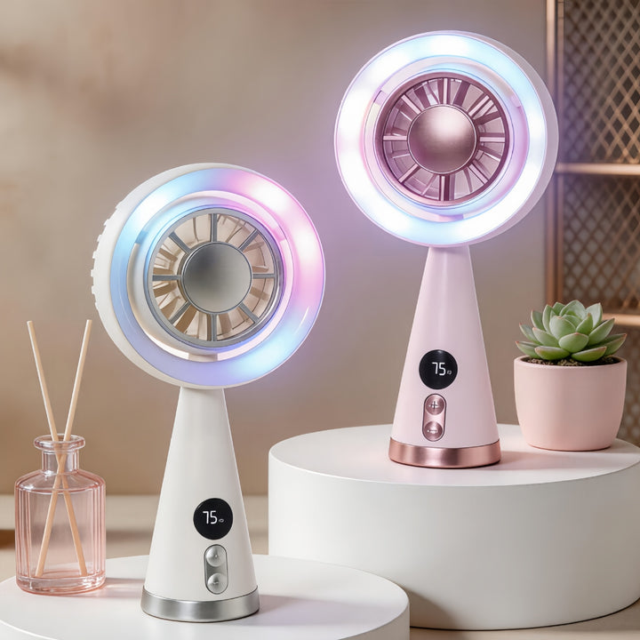 Bærbar håndvifte med RGB-LED-belysning og presis temperaturvisning Skanto