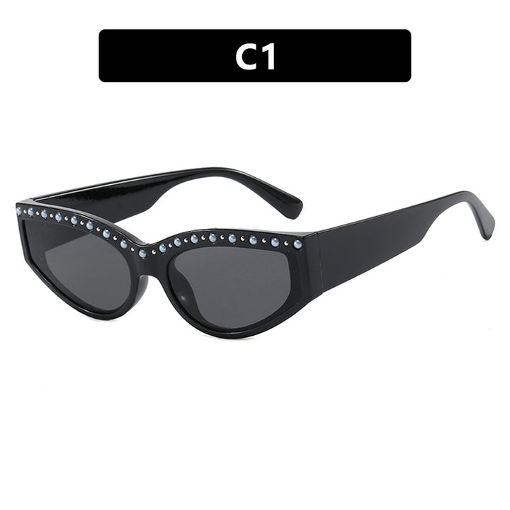 Dame Cat-Eye solbriller med glitrende rhinestones og dyremønster Skanto