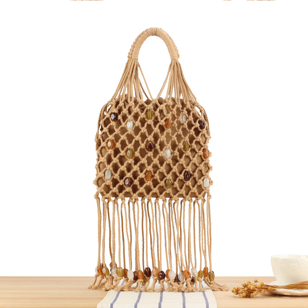 Macrame Tote Bag with Colorful Beads and Decorative Fringe Skanto
