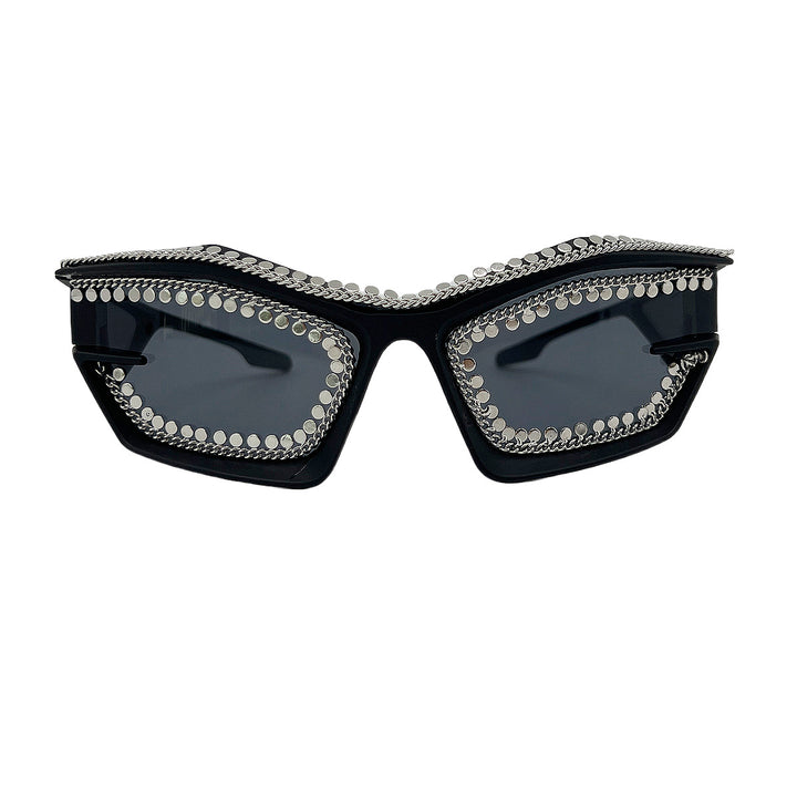 Dame designer-solbrille i futuristisk stil med glitrende strassten dekorasjon Skanto