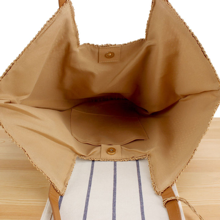 Woven Natural Straw Tote Bag with Leather Accents Skanto