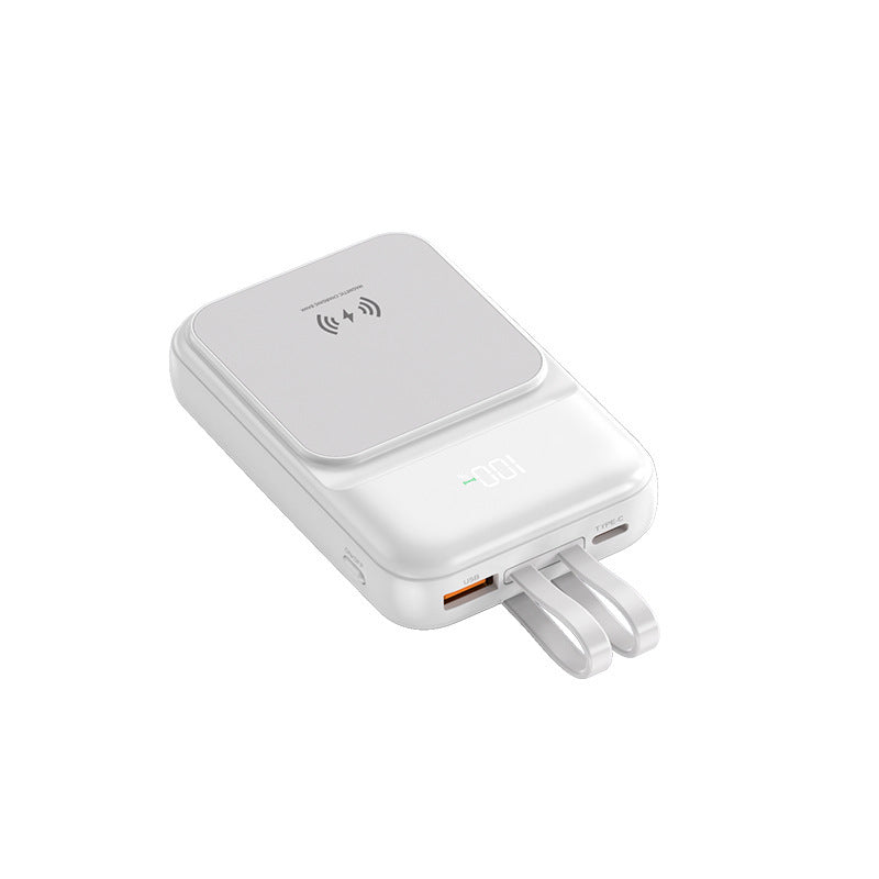 Bærbar powerbank med trådløs ladefunksjon og integrert ladekabel Skanto