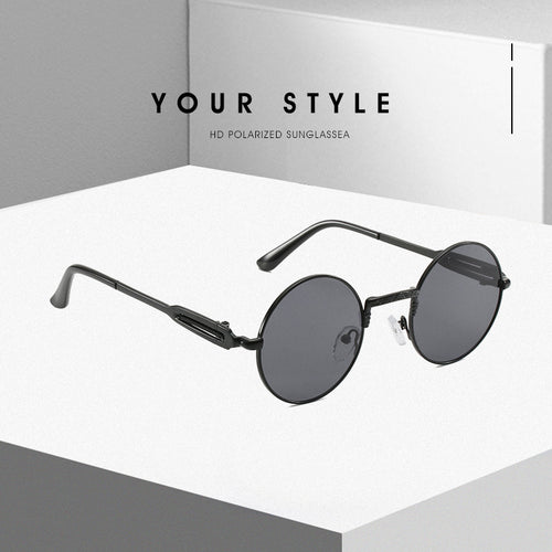 Dame rund modisk solbrille med fint metallramme Skanto