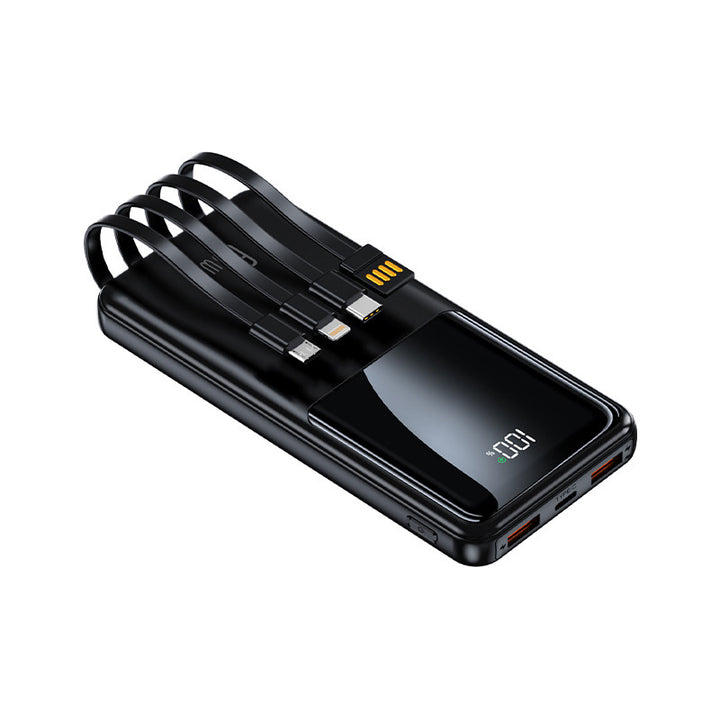 Bærbar powerbank med integrerte ladekabler og LED-batteristatusindikator Skanto