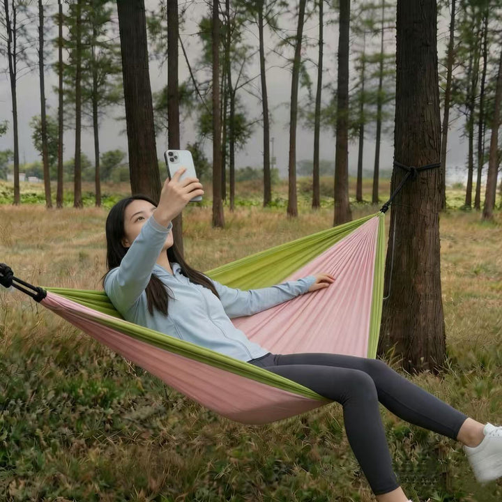 Ultralett bærbar fallskjerm camping hengekøye med forsterkede trestropper og ripstop nylon Skanto