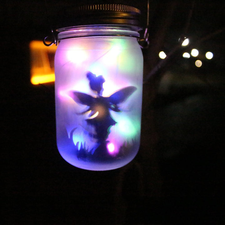 Solar Powered Frosted Fairy Silhouette Mason Jar Lantern with Multicolor LED Skanto