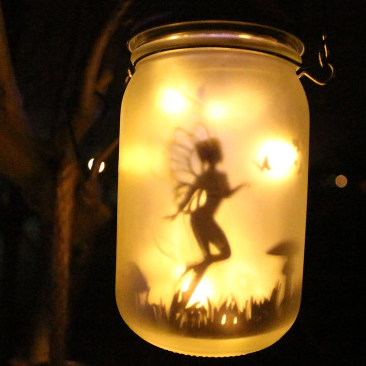 Solar Powered Frosted Fairy Silhouette Mason Jar Lantern with Multicolor LED Skanto