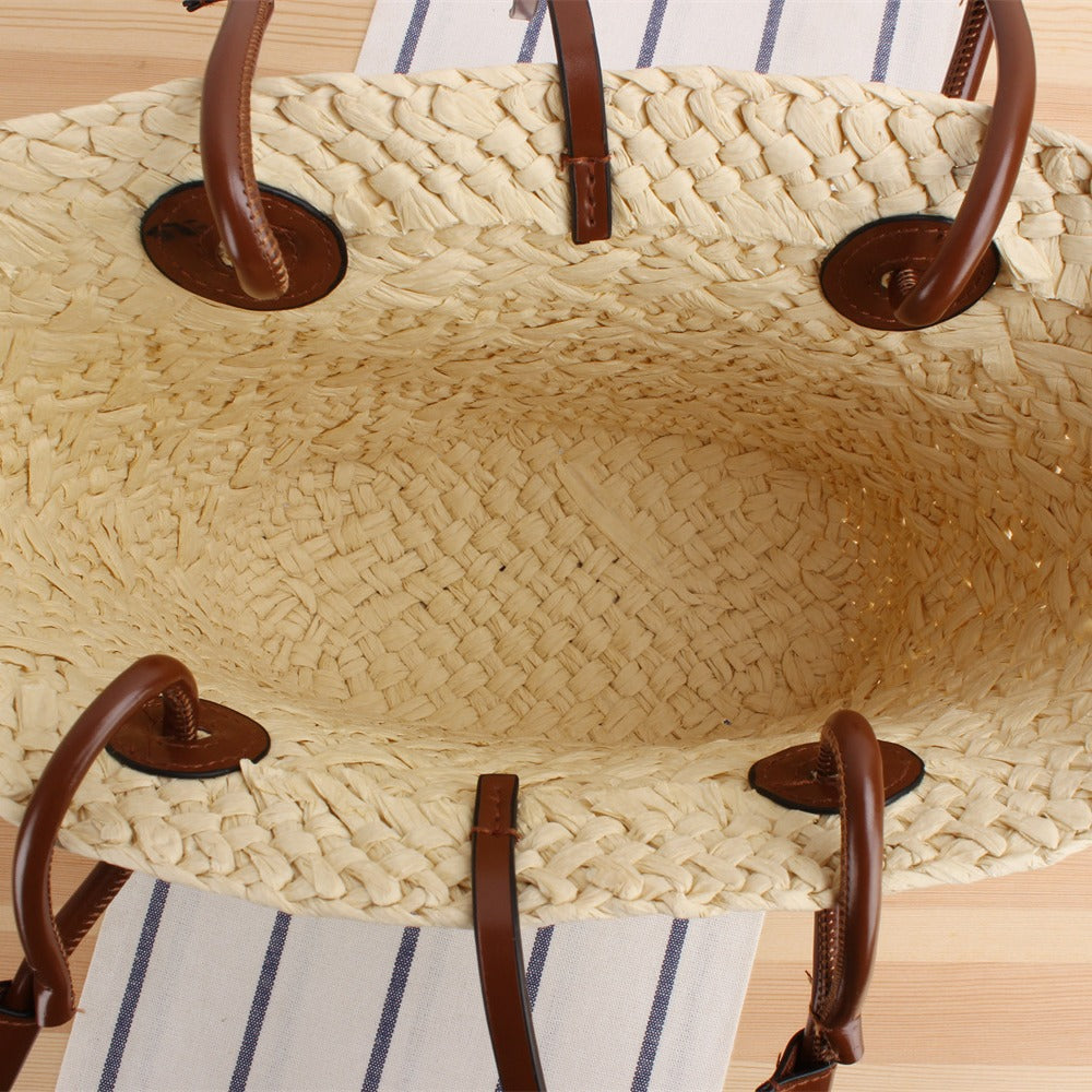 Handmade beach bag with brown leather handles Skanto