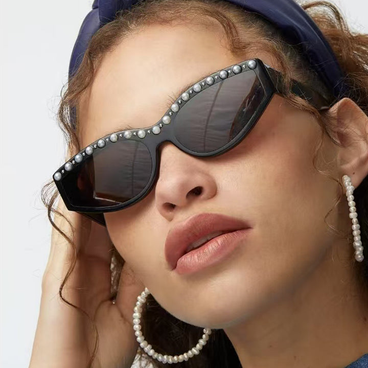Dame Cat-Eye solbriller med glitrende rhinestones og dyremønster Skanto